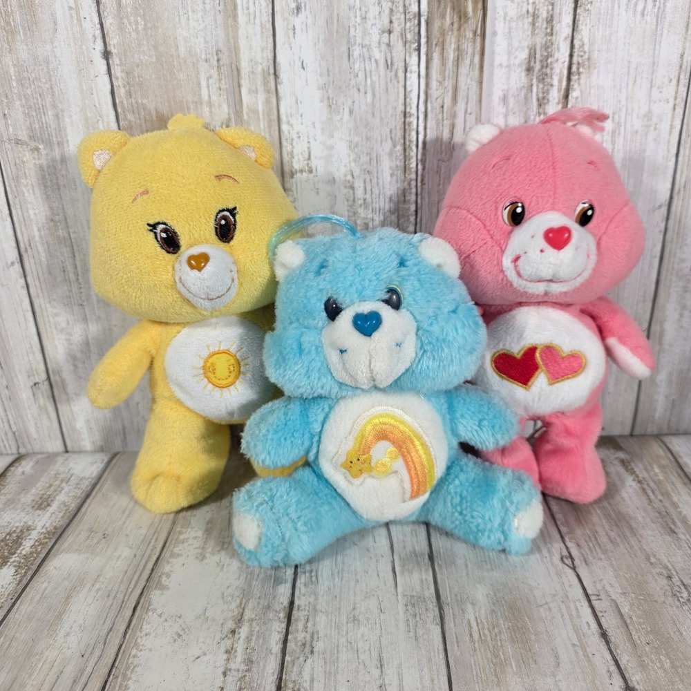 Care Bears Plush Lot Funshine Love-a-lot Cheer Bear Yellow Pink Blue 7-9 inch